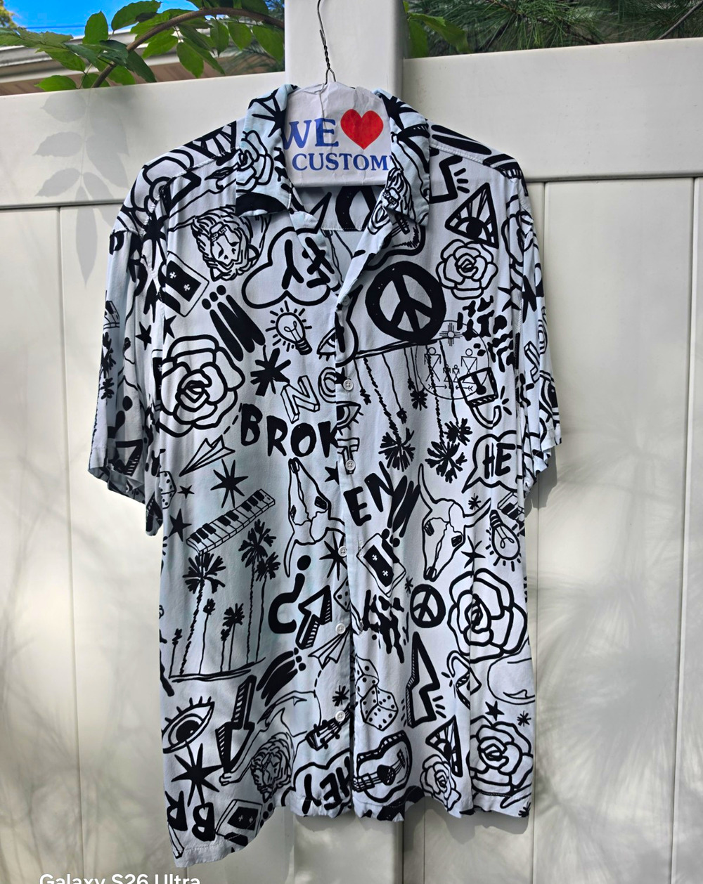 No Boundaries Doodle Tattoo Flash Print Button Up Shirt White Black L 42-44